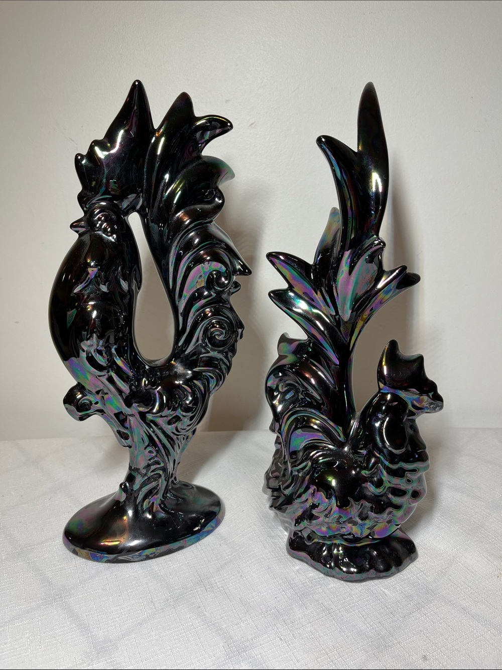 VTG Mid Century Black Iridescent Ceramic Rooster & Hen Figurine Set Farmhouse